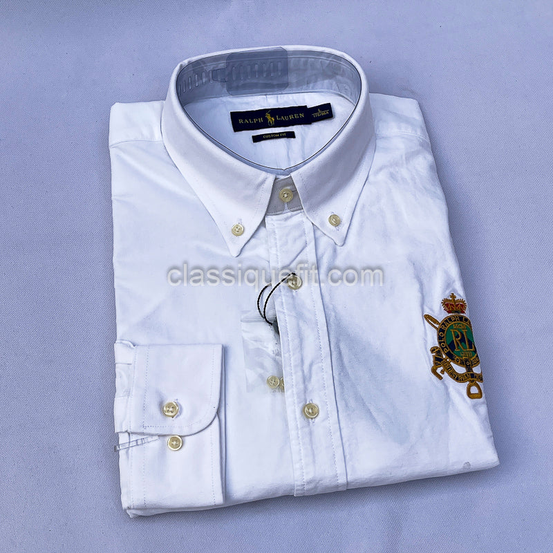 White Custom Fit Oxford Heritage Crest Long Sleeve