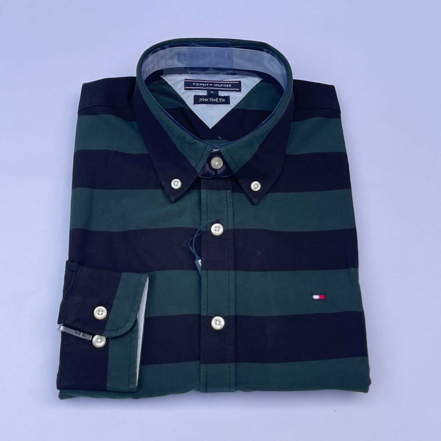 Hunter Green Wide Stripe Custom Fit Oxford Long Sleeve