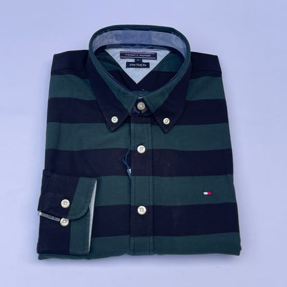 Hunter Green Wide Stripe Custom Fit Oxford Long Sleeve