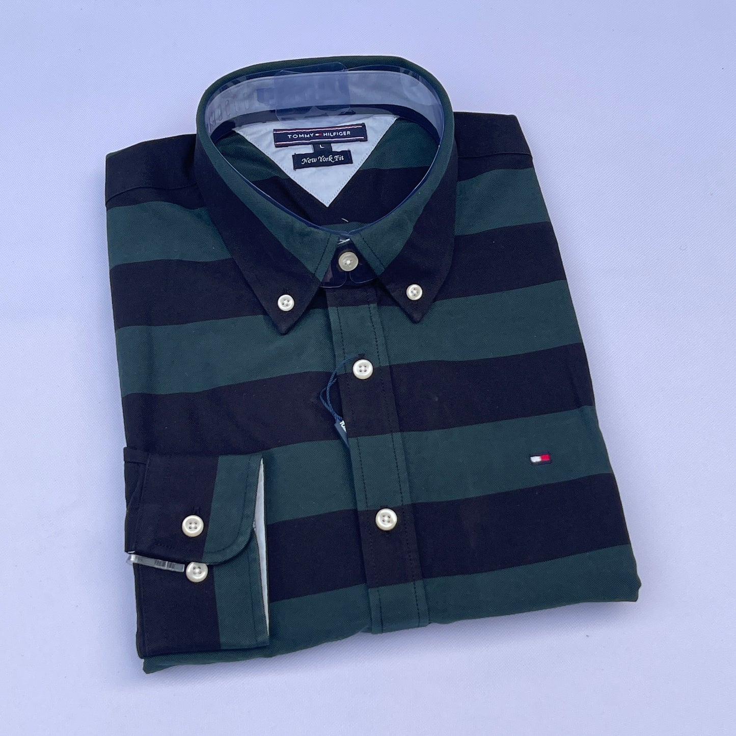 Hunter Green Wide Stripe Custom Fit Oxford Long Sleeve