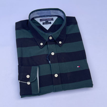 Hunter Green Wide Stripe Custom Fit Oxford Long Sleeve