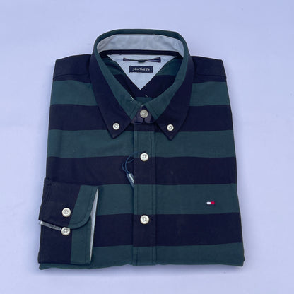 Hunter Green Wide Stripe Custom Fit Oxford Long Sleeve