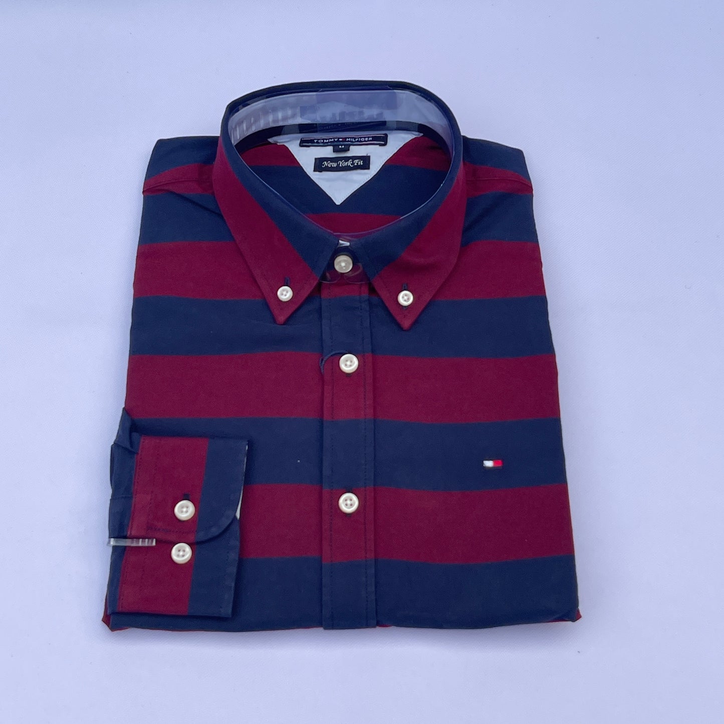 Maroon & Navy Wide Stripe Custom Fit Oxford Long Sleeve