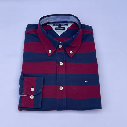 Maroon & Navy Wide Stripe Custom Fit Oxford Long Sleeve