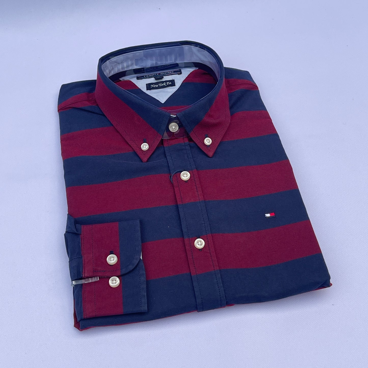 Maroon & Navy Wide Stripe Custom Fit Oxford Long Sleeve