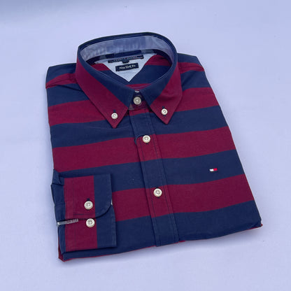 Maroon & Navy Wide Stripe Custom Fit Oxford Long Sleeve
