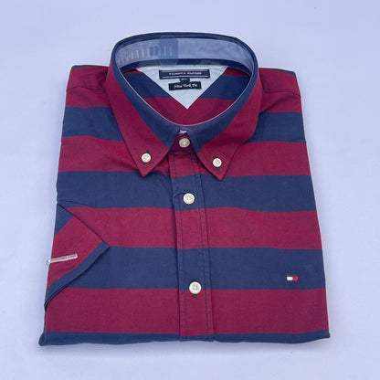 Maroon & Navy Wide Stripe Custom Oxford Fit Short Sleeve