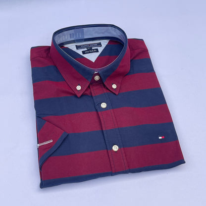 Maroon & Navy Wide Stripe Custom Oxford Fit Short Sleeve