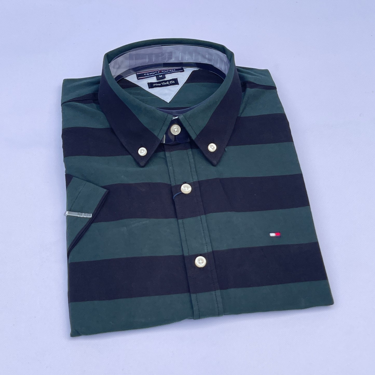 Hunter Green Wide Stripe Custom Oxford Fit Short Sleeve