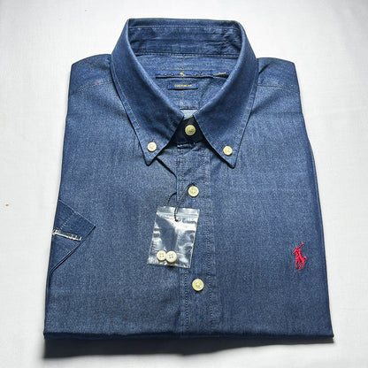 Men Custom Fit Navy Blue Denim Short Sleeve