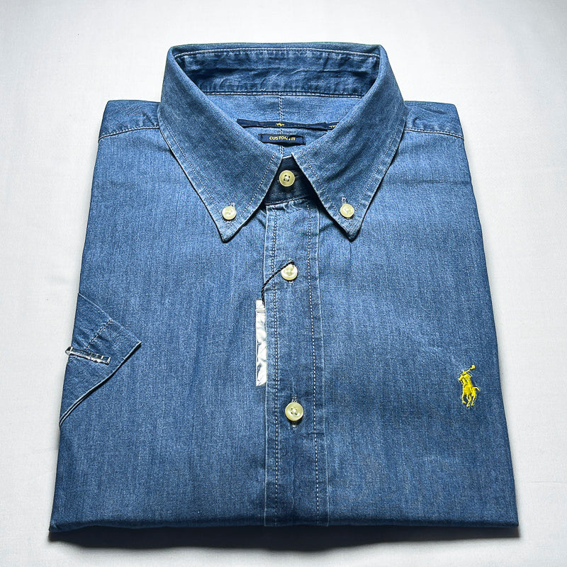 Men Custom Fit Light Blue Denim Short Sleeve