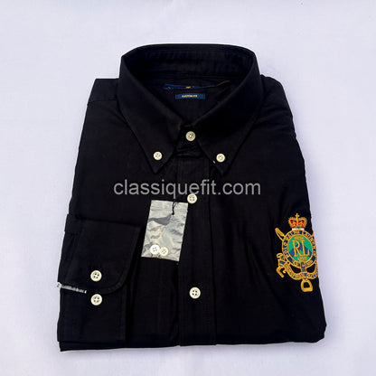 Black Custom Fit Oxford Heritage Crest Long Sleeve