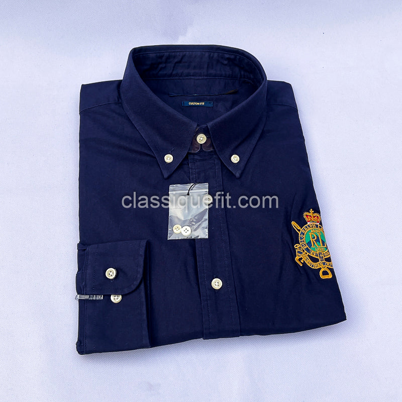 Navy Custom Fit Oxford Heritage Crest Long Sleeve