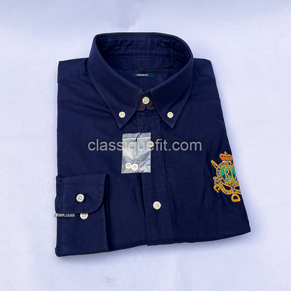 Navy Custom Fit Oxford Heritage Crest Long Sleeve