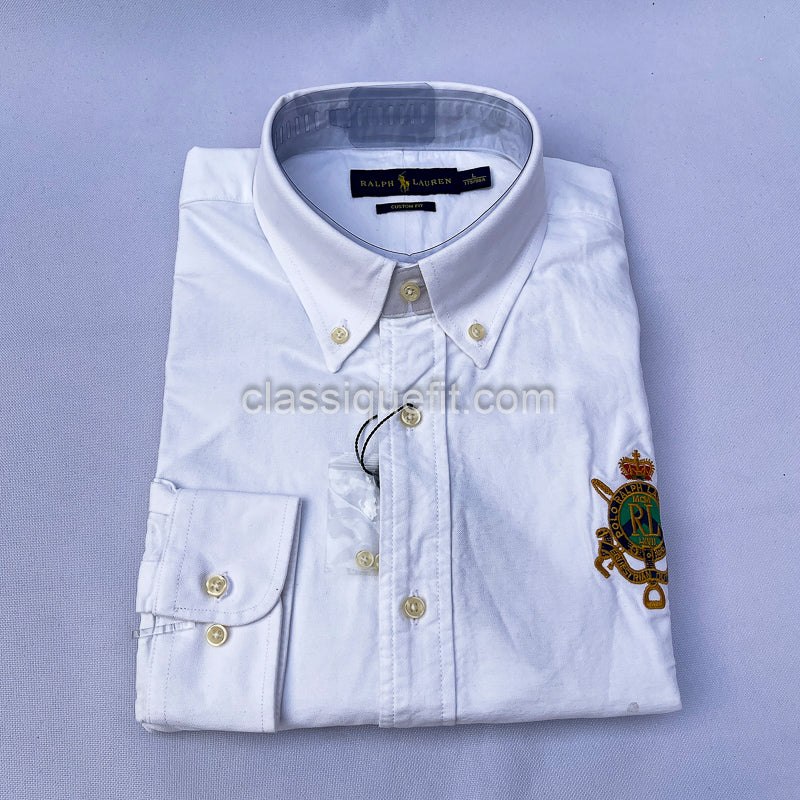 White Custom Fit Oxford Heritage Crest Long Sleeve