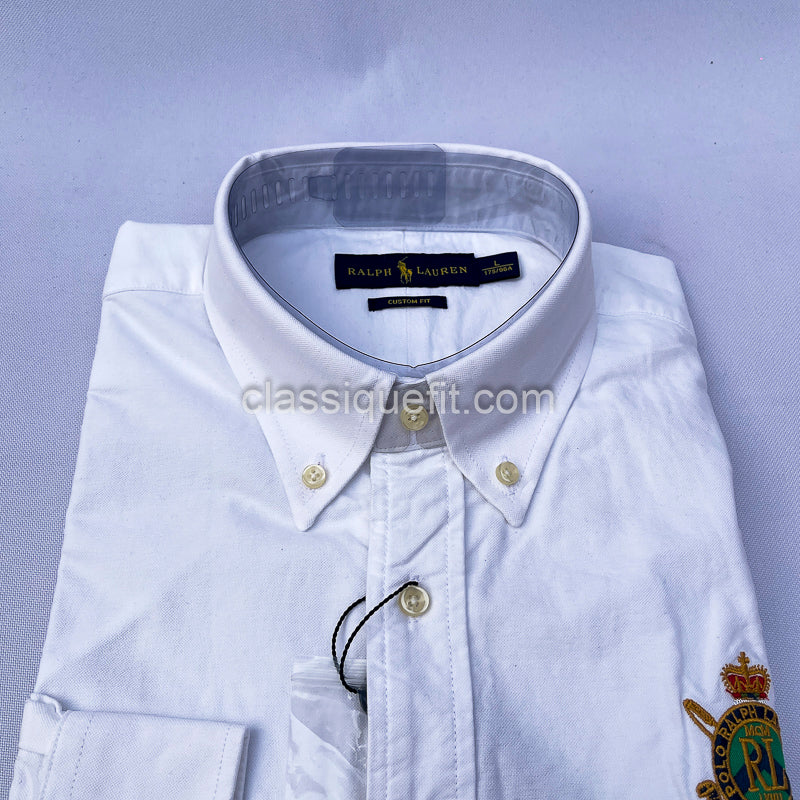 White Custom Fit Oxford Heritage Crest Long Sleeve
