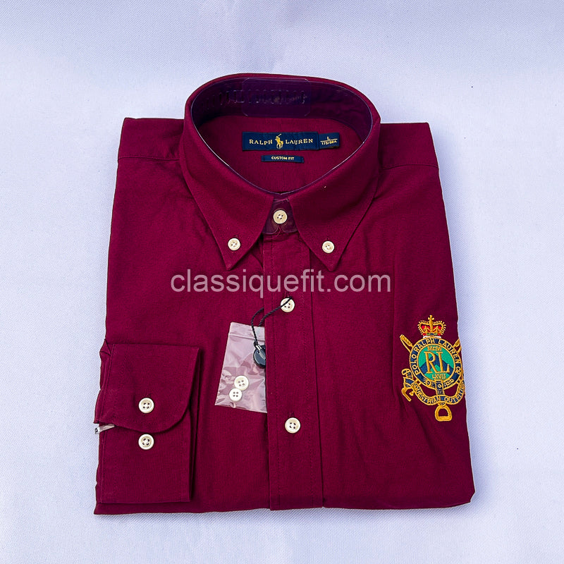 Wine Custom Fit Oxford Heritage Crest Long Sleeve