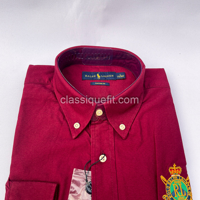 Wine Custom Fit Oxford Heritage Crest Long Sleeve