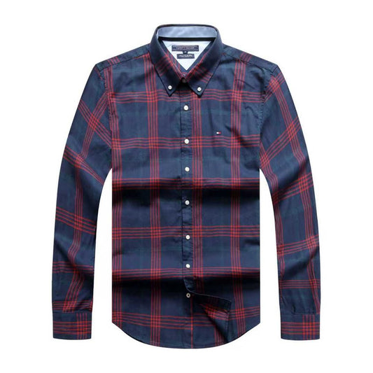 Navy Crimson Plaid Oxford Custom Fit Long Sleeve