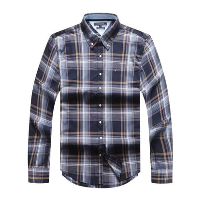 Navy Gray Tartan Oxford Custom Fit Long Sleeve