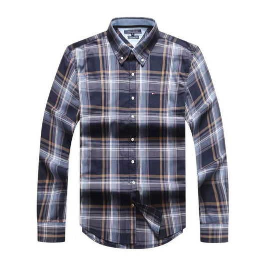 Navy Gray Tartan Oxford Custom Fit Long Sleeve