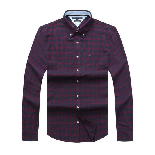 Maroon Navy Grid Oxford Custom Fit Long Sleeve