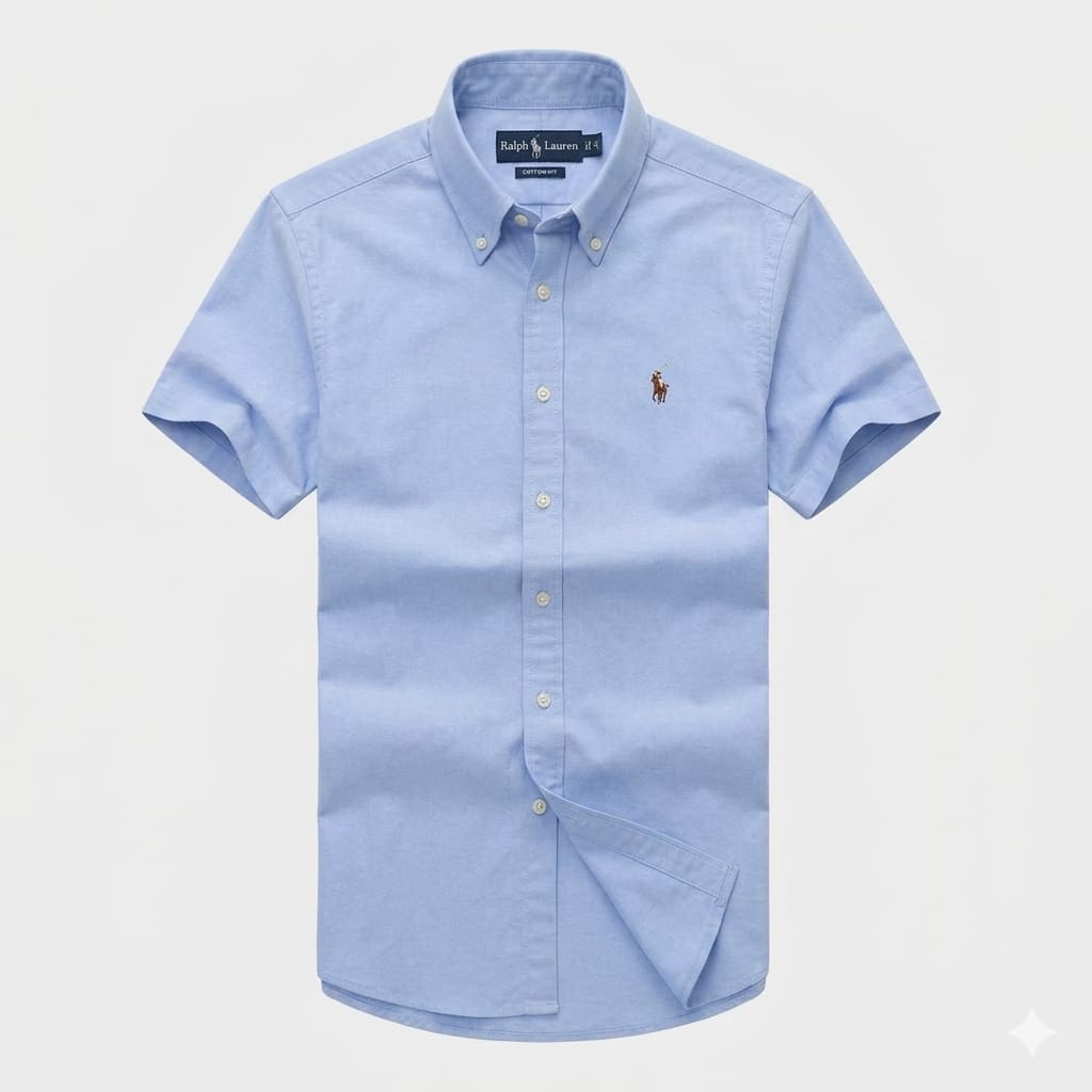 Sky Blue Oxford Custom Fit Plain Short Sleeve