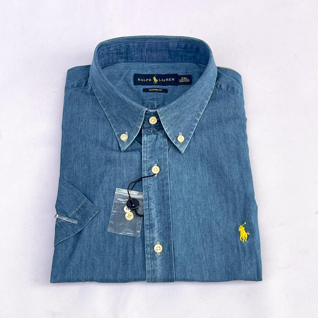 Men Custom Fit Light Blue Denim Short Sleeve