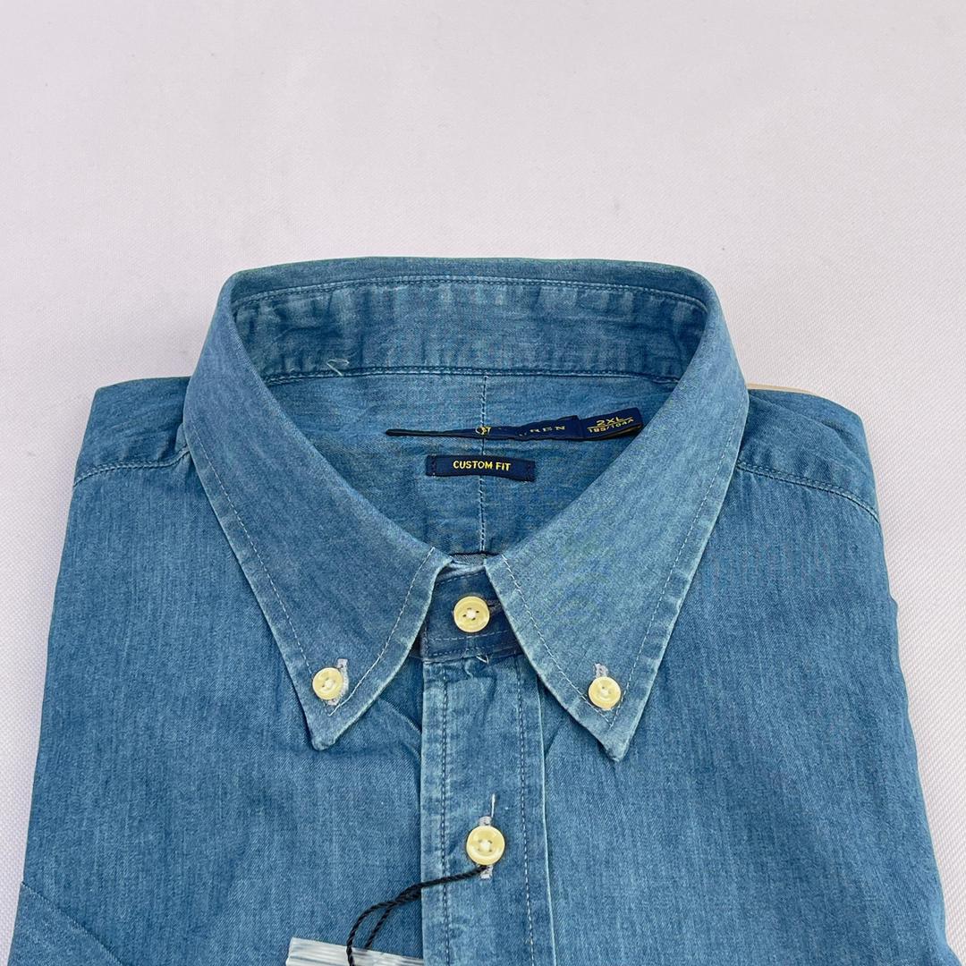 Men Custom Fit Light Blue Denim Short Sleeve