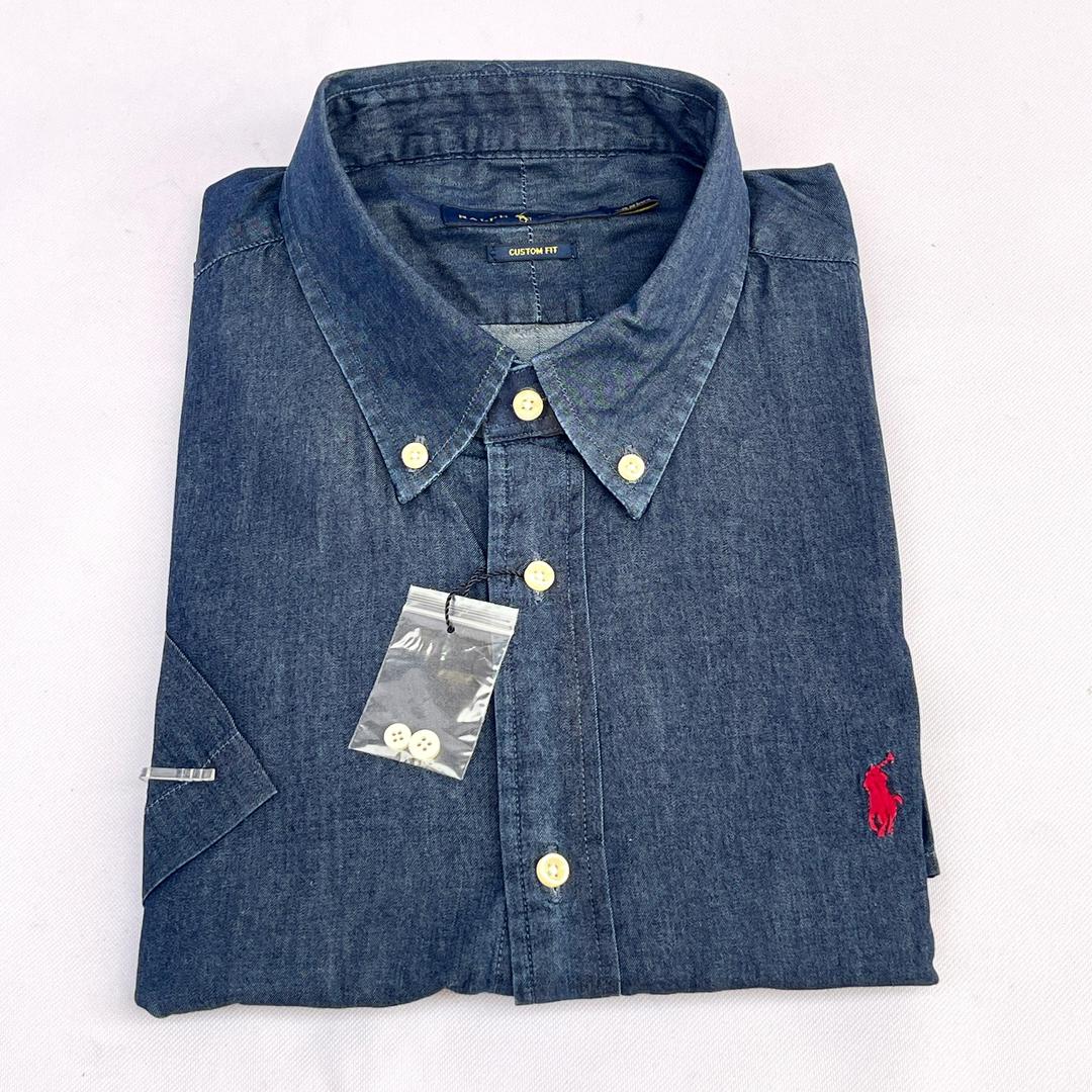 Men Custom Fit Navy Blue Denim Short Sleeve