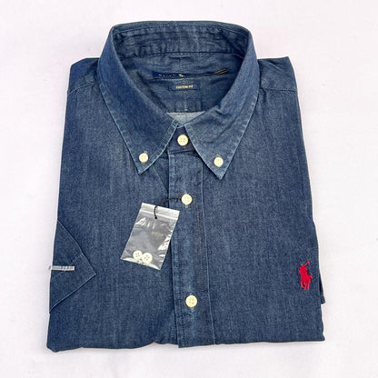 Men Custom Fit Navy Blue Denim Short Sleeve