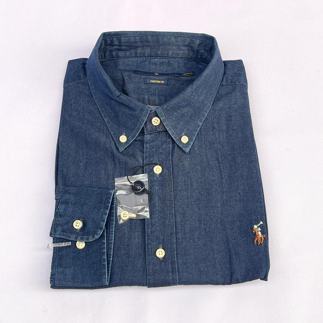 Men Custom Fit Navy Blue Denim Long Sleeve