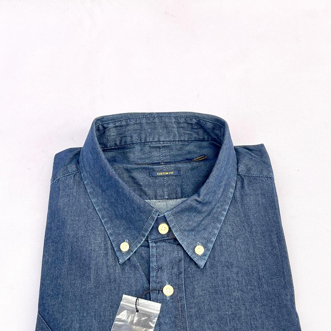 Men Custom Fit Navy Blue Denim Short Sleeve