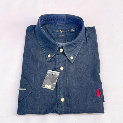 Men Custom Fit Navy Blue Denim Short Sleeve