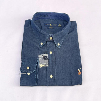 Men Custom Fit Navy Blue Denim Long Sleeve