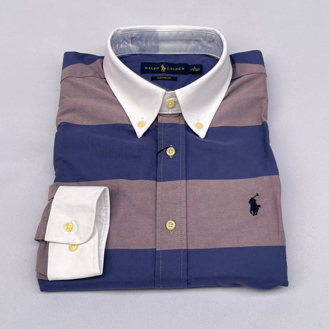 Slate Blue & Mauve Rugby Bold Stripe Custom Fit Long Sleeve
