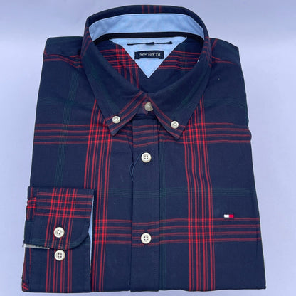Navy Crimson Plaid Oxford Custom Fit Long Sleeve
