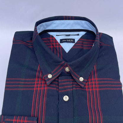 Navy Crimson Plaid Oxford Custom Fit Long Sleeve