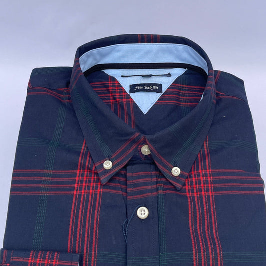Navy Crimson Plaid Oxford Custom Fit Long Sleeve