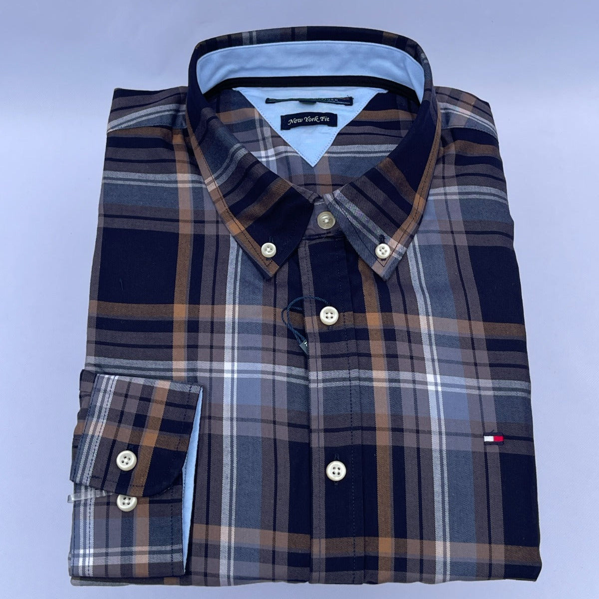 Navy Gray Tartan Oxford Custom Fit Long Sleeve
