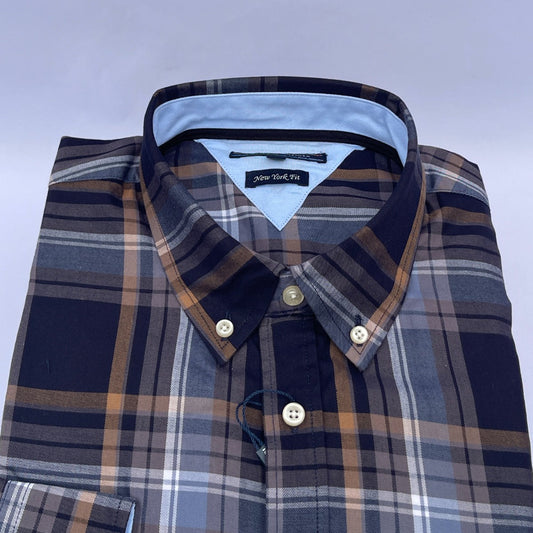 Navy Gray Tartan Oxford Custom Fit Long Sleeve