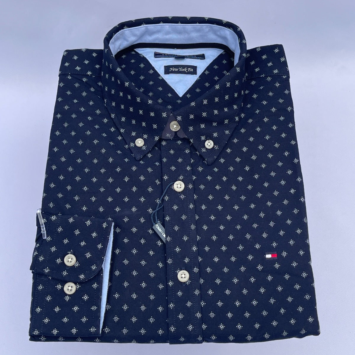 Navy Diamond Oxford Custom Fit Long Sleeve