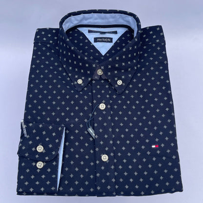Navy Diamond Oxford Custom Fit Long Sleeve