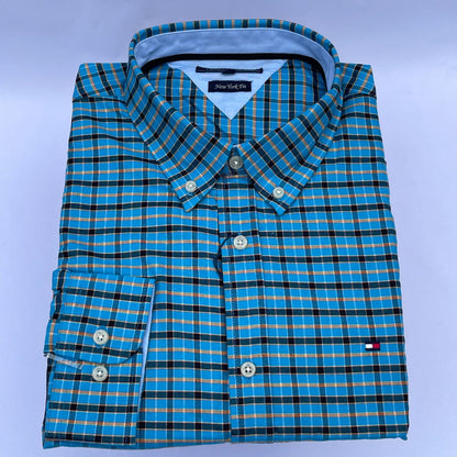 Sapphire Grid Check Oxford Custom Fit Long Sleeve