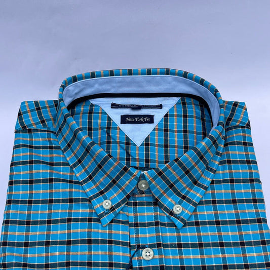 Sapphire Grid Check Oxford Custom Fit Long Sleeve