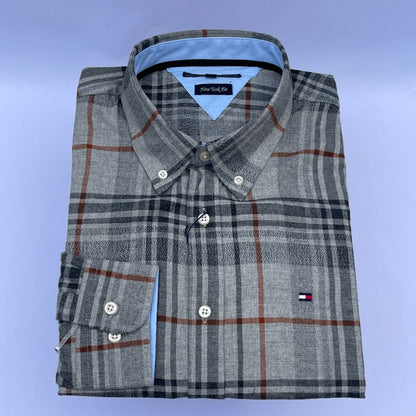 Gray Heather Plaid Oxford Custom Fit Long Sleeve
