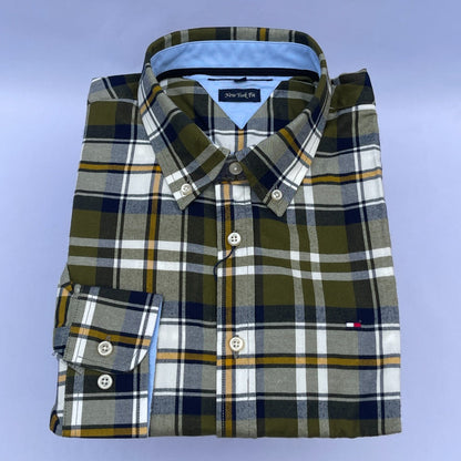 Olive Green Plaid Oxford Custom Fit Long Sleeve