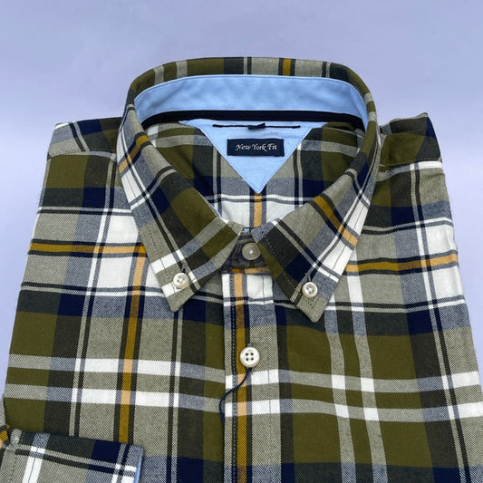 Olive Green Plaid Oxford Custom Fit Long Sleeve